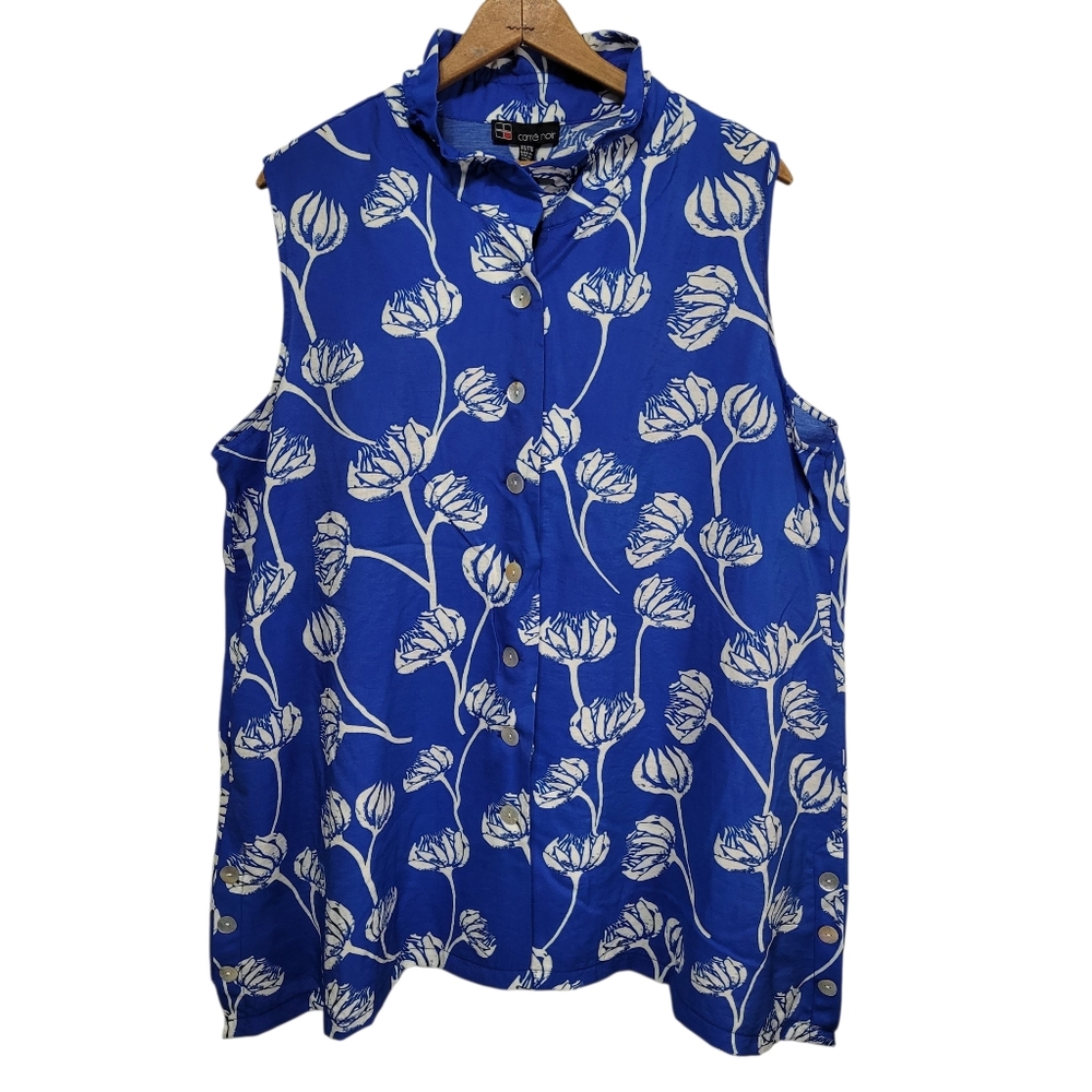 Carré Noir Blue White Floral Sleeveless Tunic Blouse Button Front Womens Top XXL